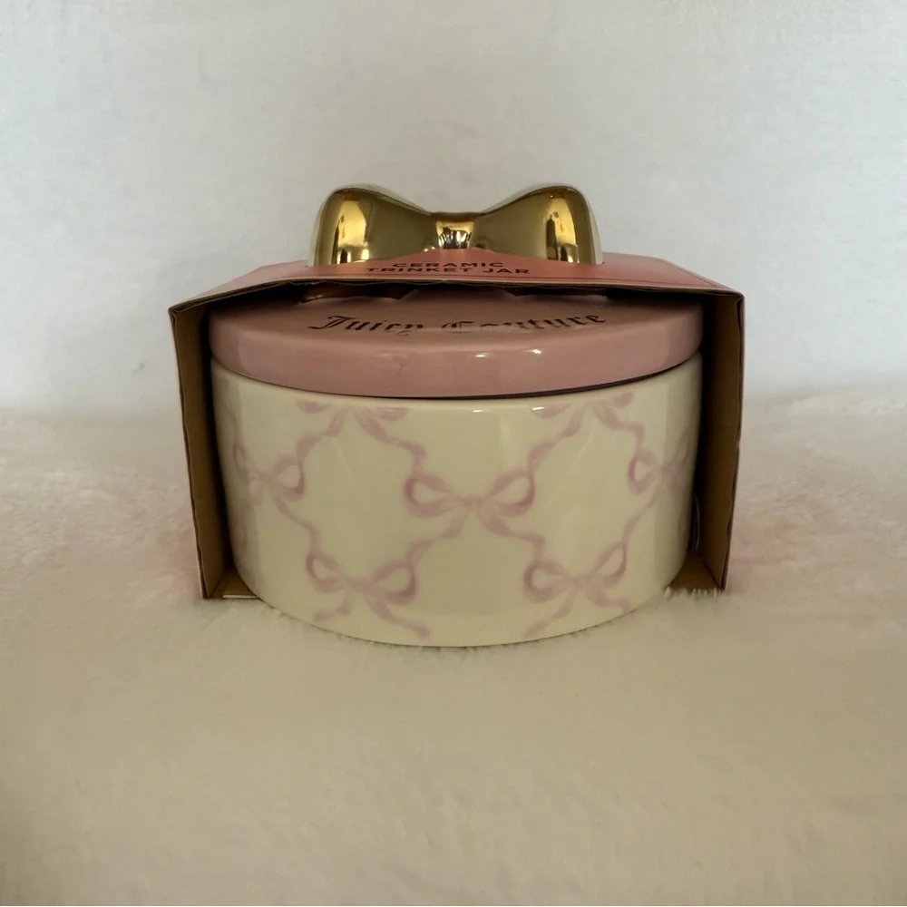Juicy Couture Pink Bow Ceramic Jewelry Trinket Box Vanity Decor NWT